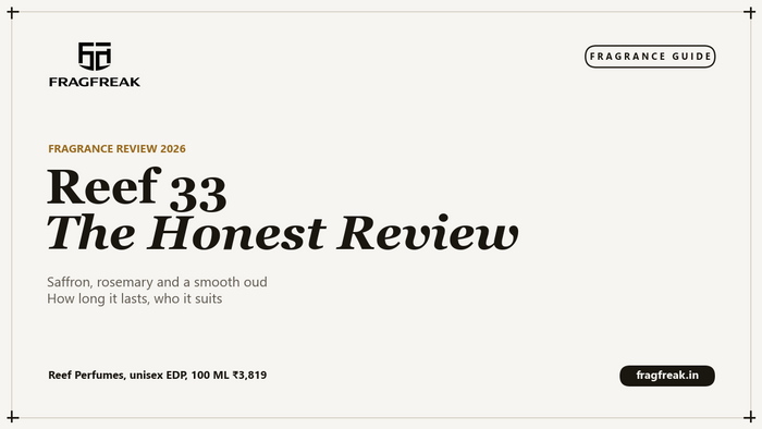 FragFreak review cover, Reef 33 by Reef Perfumes, a unisex saffron, rosemary and oud eau de parfum.