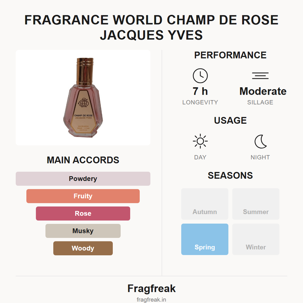 Fragrance World Champ de Rose Jacques Yves EDP fragrance profile infographic
