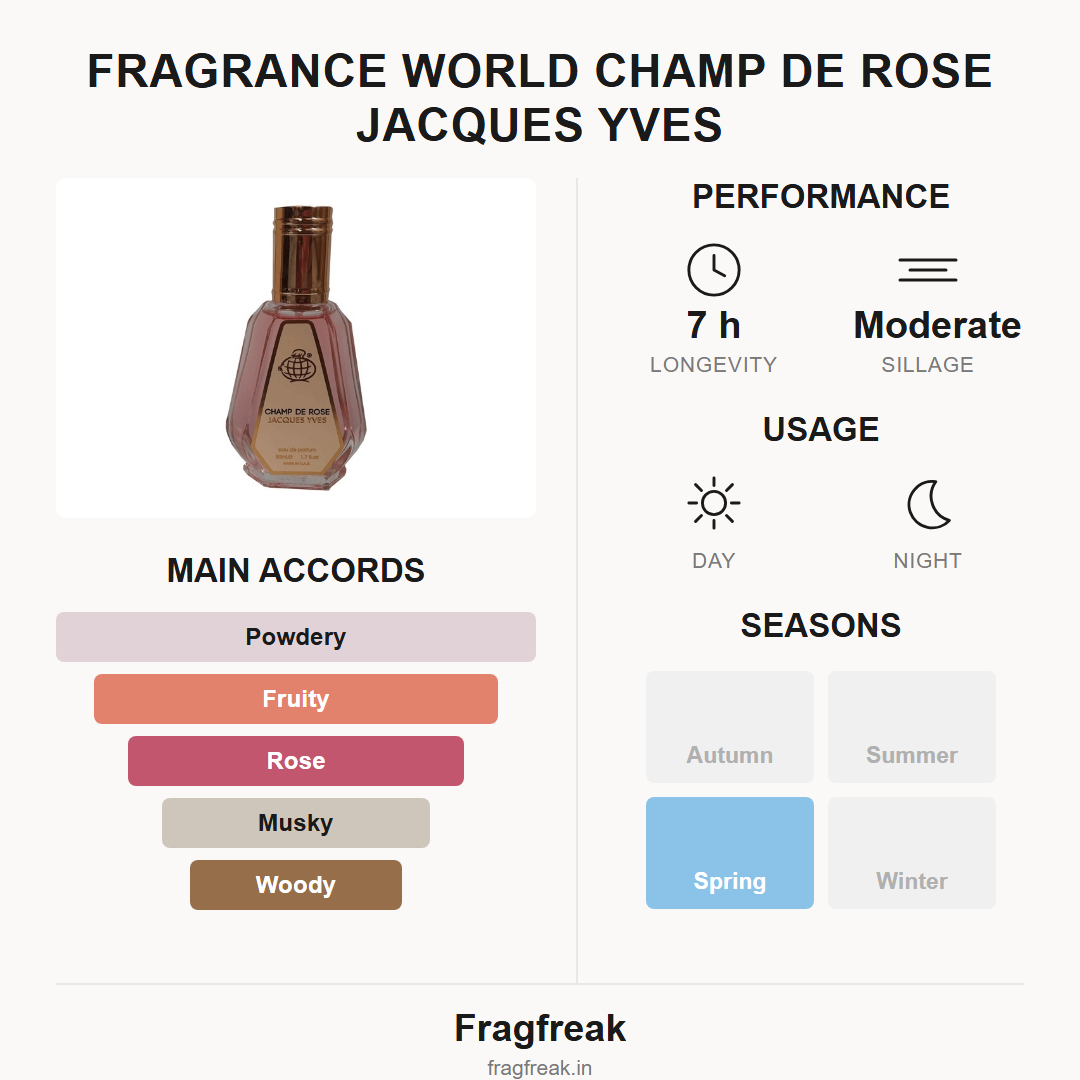 Fragrance World Champ de Rose Jacques Yves EDP fragrance profile infographic